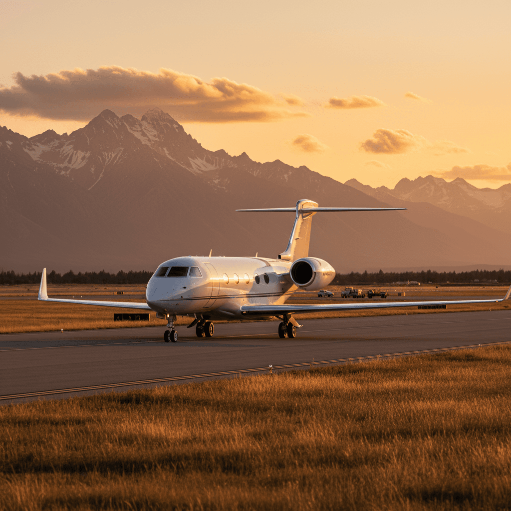 Gulfstream G-V private jet on runway at sunset
